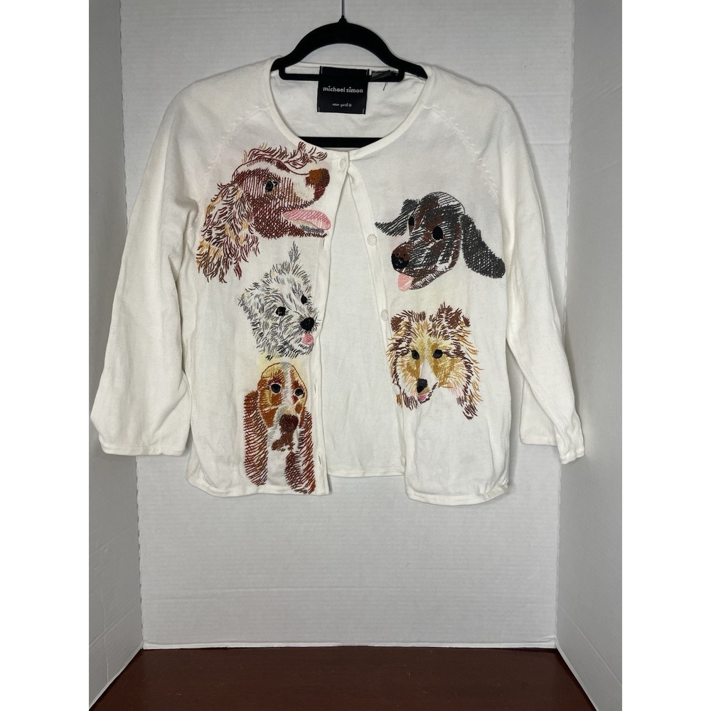 FLAWS READ*Michael Simon Embroidered Dog Sweater Cardigan Small White Vintage